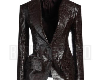 Blazer en cuir pour femme, veste marron en relief croco, coupe slim, manteau chic chic