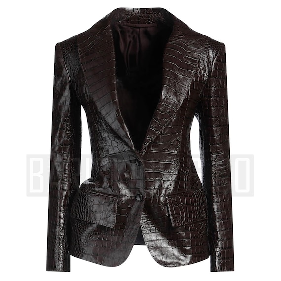 Leather Blazer Women Croc Embossed Brown Jacket Slim Fit Chic Formal Coat