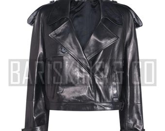 Cropped Black Lambskin Leather Trench Coat - Belted Modern Fit Womens Biker Jacket