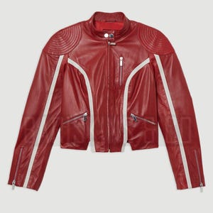 Leather Moto Jacket Women Red Biker Racing Style Zipper High Collar Cropped