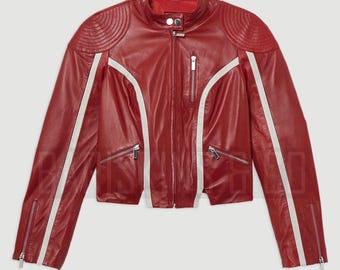 Leather Moto Jacket Women Red Biker Racing Style Zipper High Collar Cropped