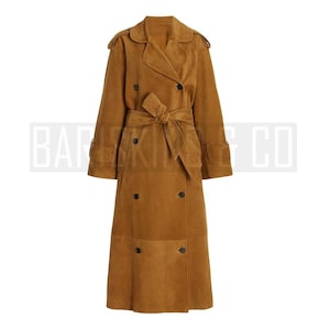 Women Brown Suede Trench Coat - Long Belted Double-Breasted Overcoat, Luxe Chic