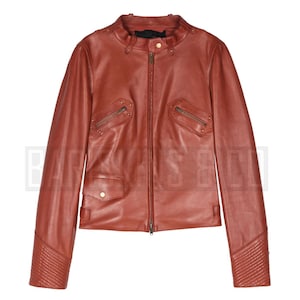 Womens Red Leather Biker Jacket - Real Lambskin Moto Style with Quilted Sleeves
