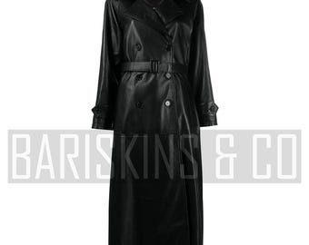 Leather Trench Coat Womens - Black Long Belted Double Breasted Real Lambskin