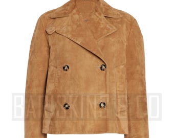 Tan Suede Cropped Trench Coat: Women's Double-Breasted Jacket Short Coat