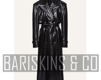Leather Trench Coat Womens - Black Longline Belted Double-Breasted Classic Look