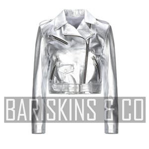 Cropped Leather Jacket Womens - Silver Metallic Biker Moto Style, Belted Zip Up