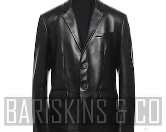 Mens Blazer Leather - Black Real Lambskin, Classic Suit Jacket, Formal Casual Coat
