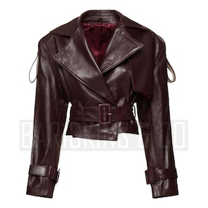 Cropped Leather Jacket Womens - Burgundy Belted Moto Coat, Short Trench Style