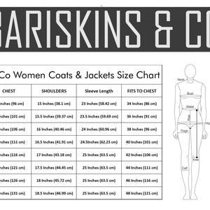 May include: Size chart for Bariskins & Co women's coats and jackets. The chart includes measurements for chest, shoulders, and sleeve length in inches and centimeters. The chart also includes a diagram of a woman's body with measurement points.