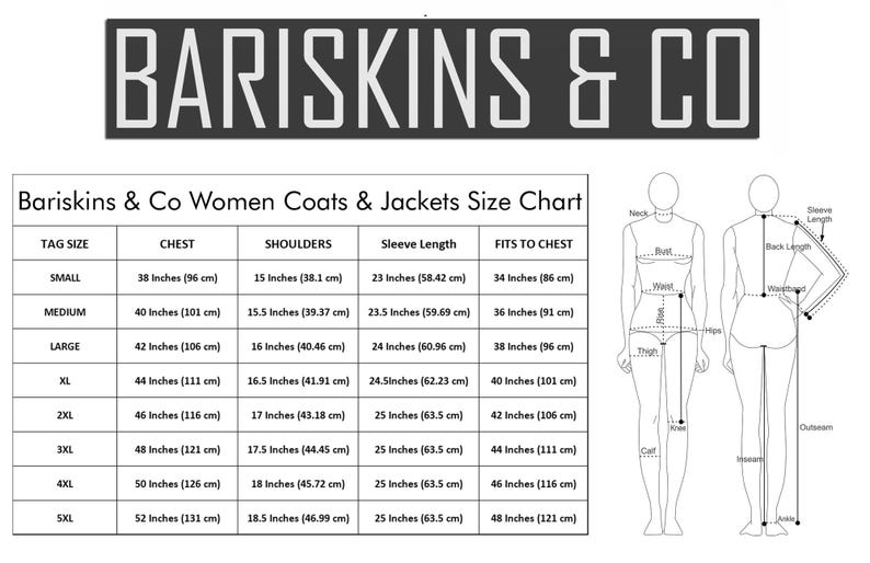 May include: Size chart for Bariskins & Co women's coats and jackets. The chart includes measurements for chest, shoulders, and sleeve length in inches and centimeters. The chart also includes a diagram of a woman's body with measurement points.
