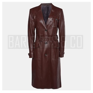 Women&#39;s Brown Leather Trench Coat - Real Lambskin, Belted Long Jacket, Classic Fit