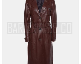 Women's Brown Leather Trench Coat - Real Lambskin, Belted Long Jacket, Classic Fit