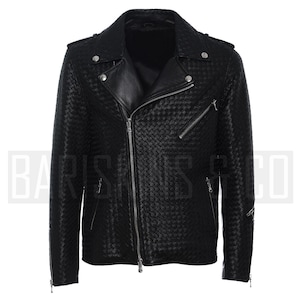 Mens Leather Motorcycle Jacket - Black Woven Biker Coat, Real Lambskin Slim Fit