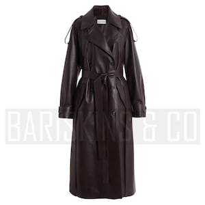 Leather Trench Coat Womens Brown Real Lambskin Long Belted Double Breasted Gift For Her