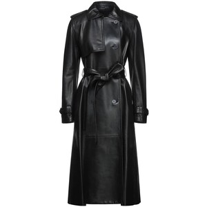 May include: A black leather trench coat featuring a double-breasted button closure, a wide collar, shoulder epaulets, and long sleeves with buckled cuffs. The coat includes a matching tie belt at the waist and a long, structured silhouette.