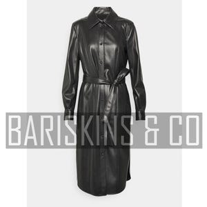 Leather Coat Women - Black Belted Midi Trench, Button-Up Longline Real Lambskin