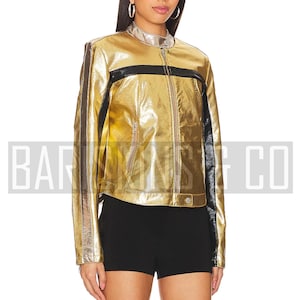 Veste en cuir dorée pour femme, manteau motard métallisé style moto pour femme, bordure noire, chic et brillant