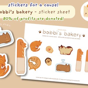 Feuille d'autocollants pour la boulangerie de Bobbi's - série d'autocollants pour une bonne cause ! | Papeterie A6 kawaii kiss cut sur le thème du pain avec des chats