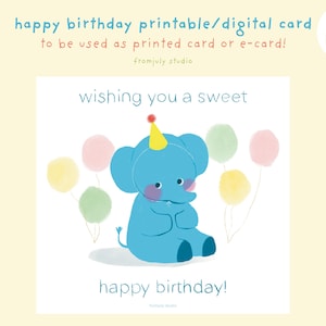 Ich wünsche dir alles Gute zum Geburtstag Karte/E-Karte | süßes Baby Kinder Elefant Thema digitale Illustration niedlich kawaii blau
