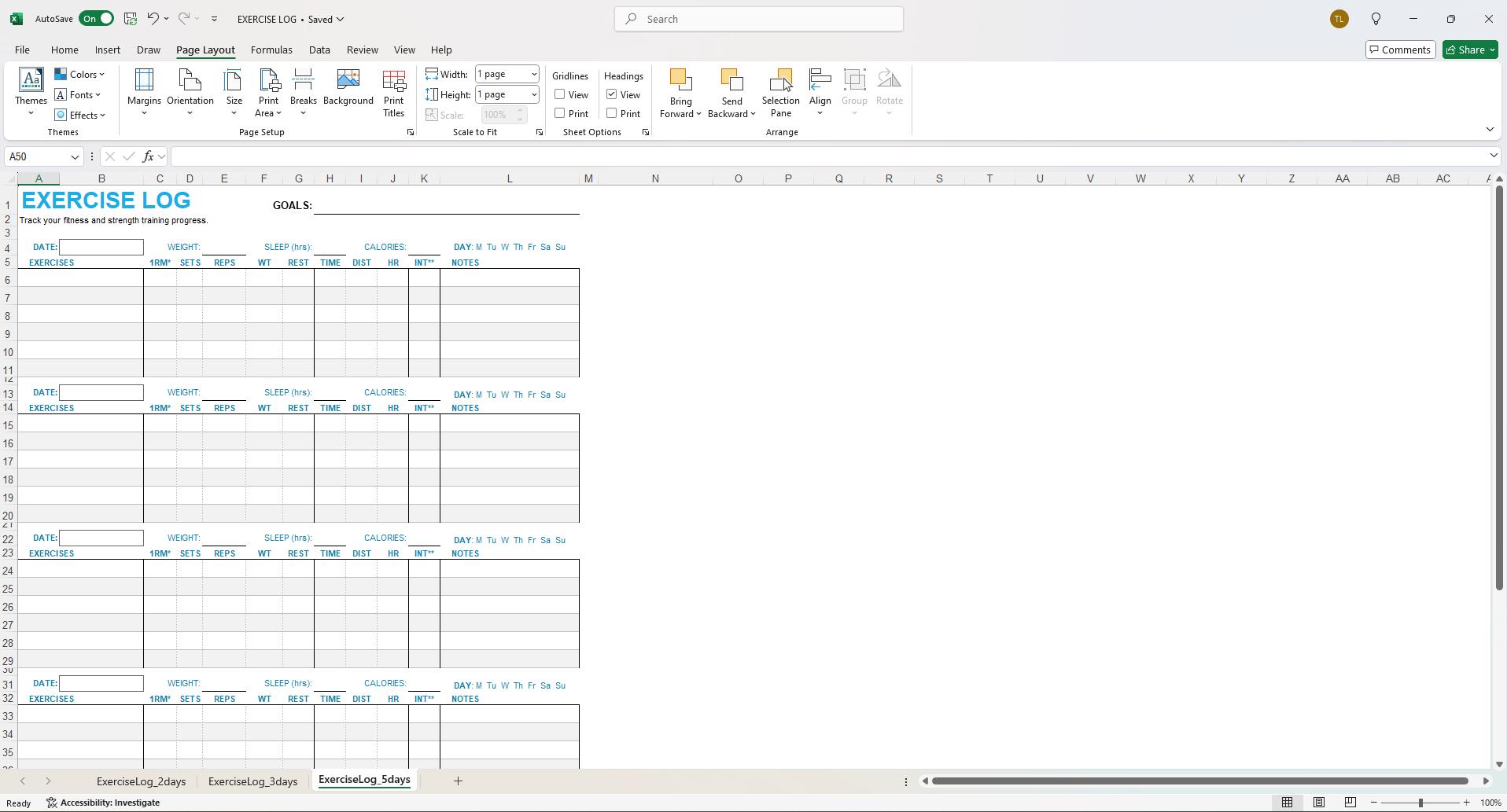 Weekly Fitness Log & Workout Tracker | Editable Excel Template - Etsy