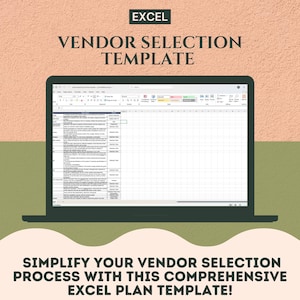 Puede incluir: Una pantalla de ordenador que muestra una hoja de cálculo de Excel con el título "VENDOR SELECTION TEMPLATE". El texto "SIMPLIFY YOUR VENDOR SELECTION PROCESS WITH THIS COMPREHENSIVE EXCEL PLAN TEMPLATE!" se muestra debajo de la hoja de cálculo.