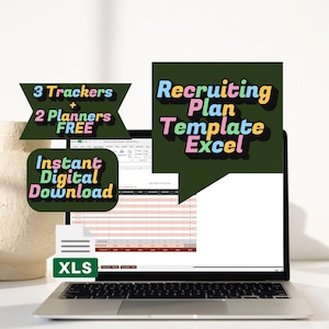 Puede incluir: Un portátil que muestra una hoja de cálculo de Excel con el texto "Recruiting Plan Template Excel". La imagen también incluye el texto "3 Trackers + 2 Planners FREE" y "Instant Digital Download."