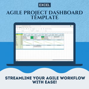Op de afbeelding: Een screenshot van een Excel-spreadsheet met de titel "Agile Project Dashboard Template" weergegeven op het scherm van een laptop. De spreadsheet bevat gegevens en grafieken met betrekking tot projectmanagement.