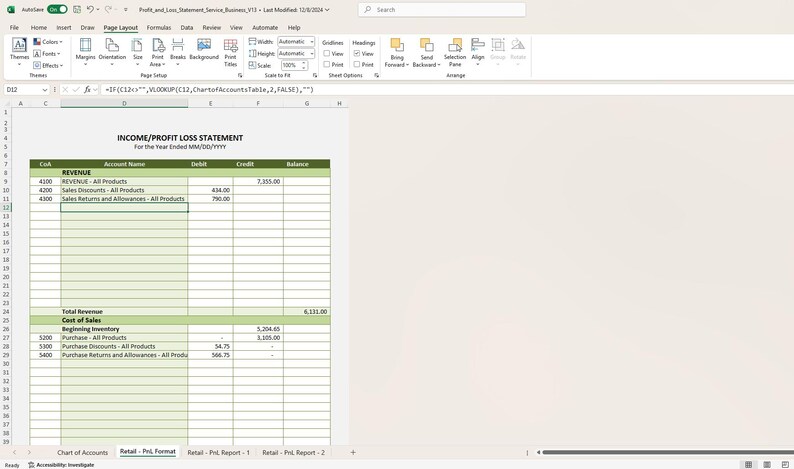 Profit and Loss Statement Excel Template for Small Business (pnl ...