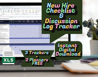 May include: A laptop displays a spreadsheet with a checklist template. Accompanying text includes "New Hire Checklist & Discussion Log Tracker" and "Instant Digital Download." Additional text states "3 Trackers + 2 Planners FREE."