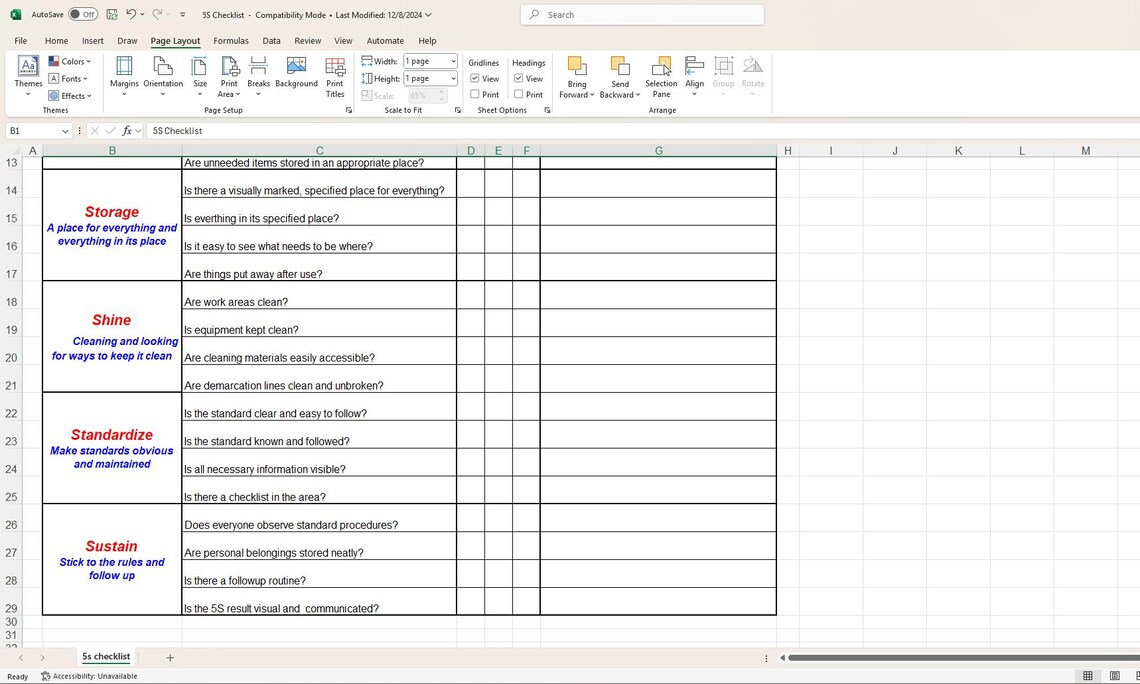 5S Lean Manufacturing Checklist (excel + Printable) - Etsy