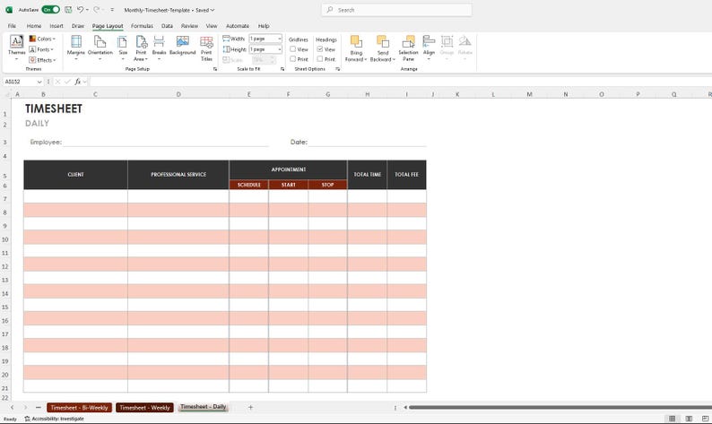 Timesheet Excel Template: Daily, Weekly, Bi-weekly Tracker (printable ...