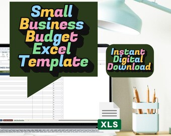 May include: A laptop displays a spreadsheet with the text "Small Business Budget Excel Template" and "Instant Digital Download." A pencil holder and desk lamp are also visible. The file type is indicated as XLS.