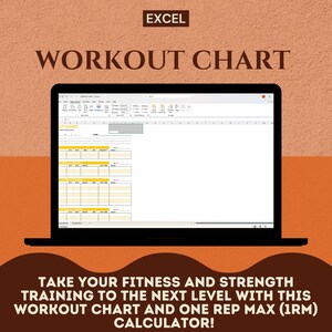 Op de afbeelding: Een computerscherm met een spreadsheet met de titel "Workout Chart" in een Excel-programma. De tekst "TAKE YOUR FITNESS AND STRENGTH TRAINING TO THE NEXT LEVEL WITH THIS WORKOUT CHART AND ONE REP MAX (1RM) CALCULATOR!" wordt onder de spreadsheet weergegeven.