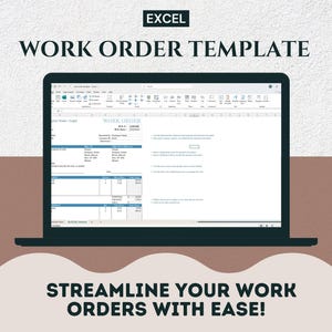 May include: A laptop computer screen displaying an Excel spreadsheet with the title "Work Order Template". The text "Streamline your work orders with ease!" is displayed below the laptop.