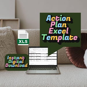 May include: A laptop displaying an Excel spreadsheet, with the text "Action Plan Excel Template" in a speech bubble. The image also includes an "XLS" file icon and a graphic that says "Instant Digital Download". The background is a neutral-toned sofa.