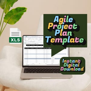 Op de afbeelding: Een laptop met een Agile Project Plan Template, met een "XLS"-bestandspictogram en een groen blad op de achtergrond. De tekst "Agile Project Plan Template" staat in een tekstballon en "Instant Digital Download" in een aparte ballon.