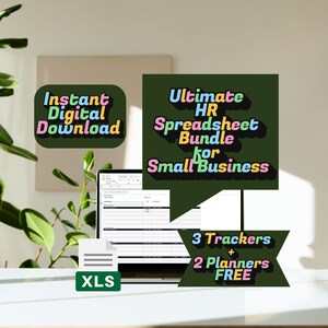 May include: A digital download graphic with the text "Instant Digital Download" in a colorful font. The image also includes a laptop displaying a spreadsheet, and text that reads "Ultimate HR Spreadsheet Bundle for Small Business".