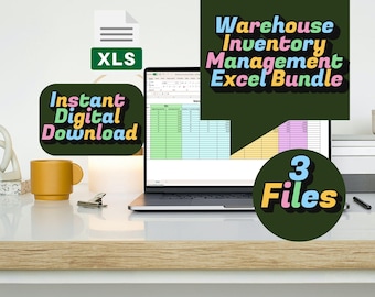 May include: A laptop displaying a spreadsheet, with text that reads "Warehouse Inventory Management Excel Bundle." Additional text includes "Instant Digital Download," "XLS," and "3 Files." A yellow mug and a silver paper clip are also visible.