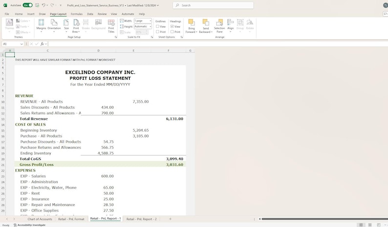 Profit and Loss Statement Excel Template for Small Business (pnl ...