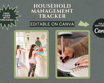 May include: A digital printable household management tracker template with a green background. The template is editable on Canva and includes a checklist and a section for notes. The image also shows a family cleaning their kitchen and a person writing in a notebook.