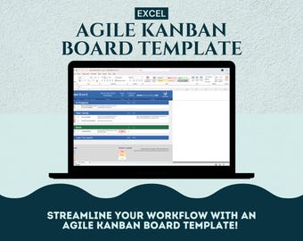 Könnte beinhalten: Ein Screenshot einer Excel-Tabelle, die eine Agile Kanban-Board-Vorlage zeigt. Die Vorlage hat Spalten für "Zu erledigen", "In Bearbeitung", "Testen und Verifizieren" und "Erledigt". Der Text "EXCEL" und "AGILE KANBAN BOARD TEMPLATE" wird oben im Bild angezeigt. Der Text "STREAMLINE YOUR WORKFLOW WITH AN AGILE KANBAN BOARD TEMPLATE!" wird unten im Bild angezeigt.
