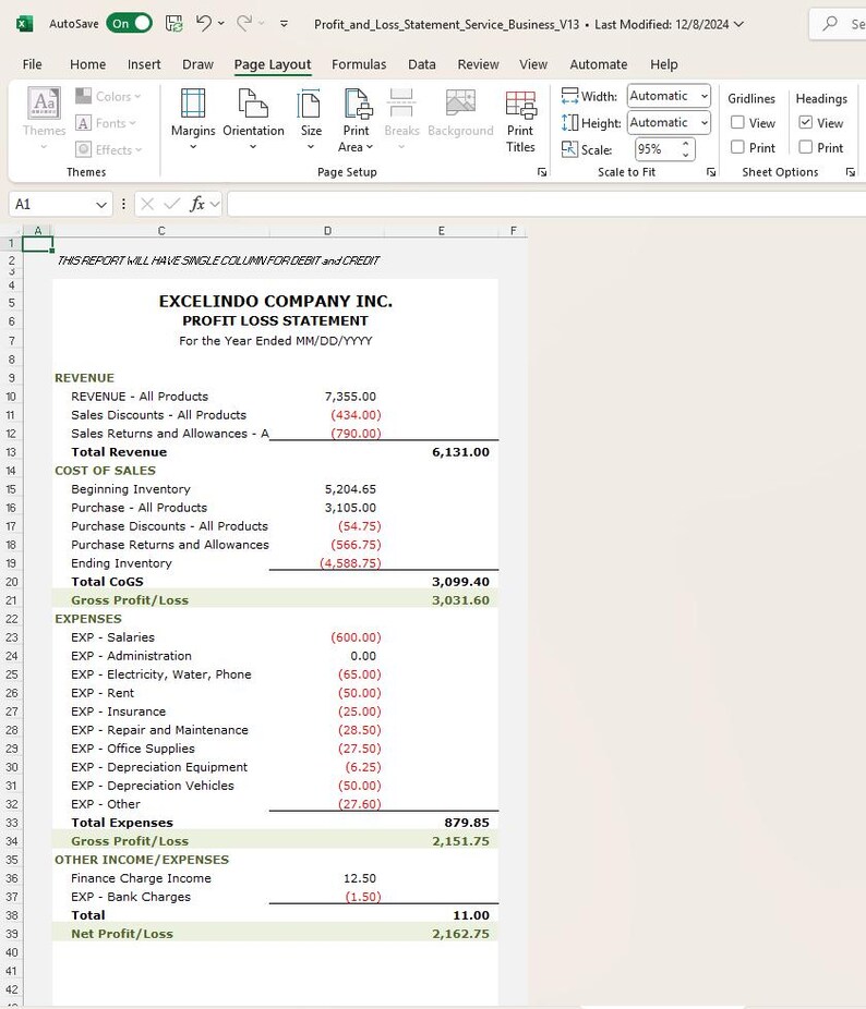 Profit and Loss Statement Excel Template for Small Business (pnl ...