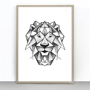 Geometric Lion Art Print, Dotwork Art, Wall Poster, Wall Decor, Black and White Wall Decor