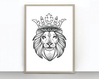 Lion Art Print, Lion and Crown Print, King Lion, Dotwork Art, Affiche murale, Décoration murale, Décor mural noir et blanc