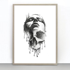 May include: Black and white stipple drawing of a skull with a human face melting into it. The skull is dripping with black ink.
