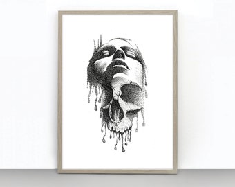 Skull Art Print, Woman Life And Death Print, Art gothique, Dotwork Art, Affiche murale, Décoration murale, Décor mural noir et blanc