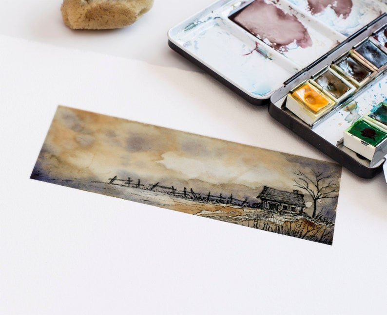 Misty Meadow I Crosshatching Pen /& Watercolour Original Tiny Painting