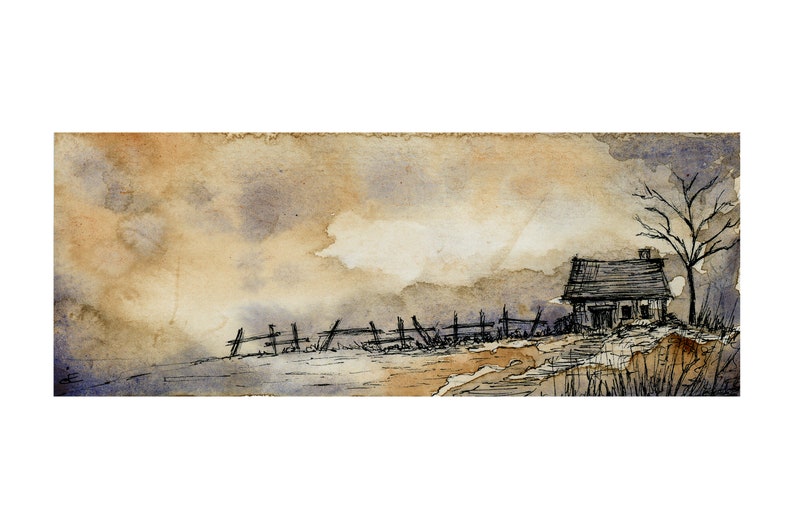 Misty Meadow I Crosshatching Pen /& Watercolour Original Tiny Painting