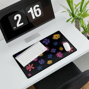 Wildflower Desk Mat: Black Floral Office Decor, Non-Slip Mouse Pad